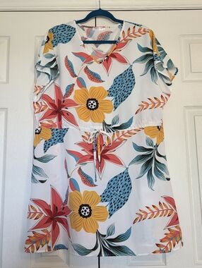 Bluetime Floral Drawstring Waist Tunic Dress - White with Yellow & Teal, XL